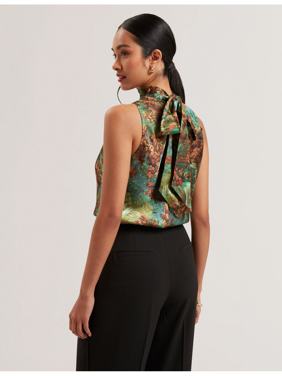 kalnaa - blusa regata de cetim estampada com gola alta e sem mangas