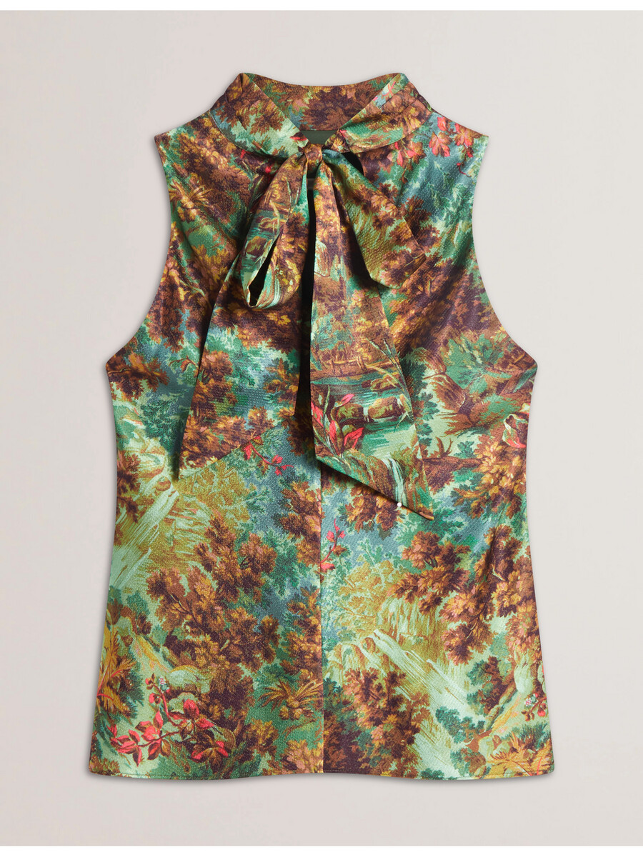 kalnaa - blusa regata de cetim estampada com gola alta e sem mangas